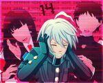  1girl 2boys ahoge android black_gloves black_jacket border brown_hair cheer_(cheerkitty14) clenched_teeth closed_eyes collared_shirt covering_ears danganronpa_(series) danganronpa_v3:_killing_harmony english_commentary faceless faceless_female faceless_male gloves grey_hair hair_between_eyes highres jacket keebo long_hair multiple_boys necktie number open_mouth pink_background pink_border red_neckwear shirt short_hair solo_focus teeth upper_body upper_teeth 