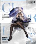  1girl artist_request bangs black_dress black_footwear black_legwear black_umbrella blue_eyes breasts character_name commentary_request copyright_name covering covering_breasts dress eyebrows_visible_through_hair flower fx-05_(girls_frontline) girls_frontline grey_hair hair_flower hair_ornament high_heels highres large_breasts long_hair looking_at_viewer official_art open_mouth pantyhose sitting solo torn_clothes torn_dress torn_legwear umbrella weapon_case 