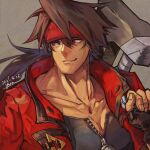  1boy brown_hair fingerless_gloves gloves grin guilty_gear headband highres jacket red_eyes signature smile sol_badguy solo yora 