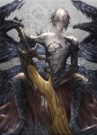  1boy angel_wings armor black_wings blue_eyes feathered_wings granblue_fantasy hair_between_eyes highres holding holding_sword holding_weapon looking_at_viewer lucilius_(granblue_fantasy) male_focus mikan_(pixiv23066428) multiple_wings short_hair shoulder_armor silver_hair sword weapon white_hair wings 