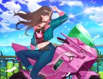  1girl belt black_choker brown_belt brown_hair casual choker crop_top d.va_(overwatch) day denim feathers fingernails flat_chest ground_vehicle hair_down jeans lens_flare long_hair looking_at_viewer meka_(overwatch) motor_vehicle motorcycle mountainous_horizon nail_polish navel ocean on_motorcycle overwatch pants pants_rolled_up pink_nails salute shoes sneakers solo ssaknanda stomach two-finger_salute whisker_markings white_footwear wind wind_lift 