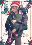  2boys :d bangs black_pants black_sweater blush brown_pants bug butterfly carrying checkered cheer_(cheerkitty14) christmas christmas_ornaments danganronpa_(series) danganronpa_v3:_killing_harmony deer_print english_commentary flipped_hair glasses gokuhara_gonta green_hair green_sweater grin hair_between_eyes hat highres holding insect long_hair looking_at_another male_focus multiple_boys one_eye_closed open_mouth ouma_kokichi pants piggyback red_headwear red_legwear santa_hat smile socks striped striped_legwear sweater tongue upper_teeth white_background white_legwear yaoi 