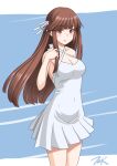  1girl alternate_hair_collarbone breasts brown_hair cleavage commentary_request criss-cross_halter dress hair_ribbon halterneck highres hime_cut hiyou_(kancolle) kantai_collection lips long_hair medium_breasts red_eyes ribbon short_dress solo sundress t2r white_dress 