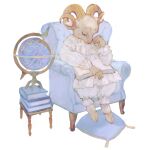  animal animal_focus bloomers book chair clothed_animal constellation frilled_shirt_collar frills globe highres holding holding_book hooves horns long_sleeves no_humans original pillow rt0no sheep shirt sitting sleepy underwear white_background white_shirt 