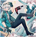  1boy ahoge alternate_costume arm_up bangs belt black_belt black_gloves blue_eyes boots border cheer_(cheerkitty14) cross-laced_footwear danganronpa_(series) danganronpa_v3:_killing_harmony english_commentary flower from_side gloves goggles goggles_on_head green_jacket grey_hair grey_sweater hammer highres jacket jewelry keebo knee_boots lamp male_focus necklace open_clothes open_jacket short_hair solo sweater tools white_border wrench 