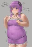  1girl bangs bare_shoulders blush breasts covered_navel cowboy_shot dress eyebrows_visible_through_hair furrowed_eyebrows grey_background hair_ornament highres looking_at_viewer no_nose notice_lines oruka_(kamituki0827) plump purple_eyes purple_hair sidelocks solo thick_thighs thighs translation_request voiceroid yuzuki_yukari 