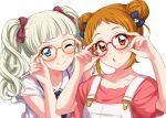  adjusting_eyewear aikatsu! aikatsu!_(series) arisugawa_otome bangs black_neckwear black_ribbon blonde_hair blue_bow blue_eyes blunt_bangs blush bow closed_mouth double_bun fang fang_out glasses green_shirt hair_bow hands_up looking_at_viewer neck_ribbon one_eye_closed orange-framed_eyewear overalls parted_lips red-framed_eyewear red_bow ribbon school_uniform sekina serafuku shirt short_sleeves simple_background smile toudou_yurika twintails white_background 