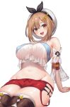  1girl atelier_(series) atelier_ryza bare_shoulders breasts brown_eyes brown_hair covered_nipples detached_sleeves groin hair_ornament hairclip hat highres leaning_back looking_at_viewer lowleg lowleg_shorts mahou_kyuuri navel red_shorts reisalin_stout see-through_sleeves short_hair short_shorts shorts simple_background sitting smile solo thighhighs white_background white_headwear 