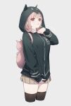  1girl animal_bag animal_hood arrow_(symbol) backpack bag bangs black_jacket black_legwear blunt_bangs breasts brown_skirt cat_bag cat_hood collared_shirt cropped_legs danganronpa_(series) danganronpa_2:_goodbye_despair eyebrows_visible_through_hair grey_background hair_ornament hairclip hand_up highres hood hood_up hoodie io_(sinking=carousel) jacket jacket_tug light_brown_hair long_sleeves looking_at_viewer medium_breasts medium_hair miniskirt nanami_chiaki open_mouth pink_eyes pleated_skirt shirt simple_background skindentation skirt solo striped thighhighs 