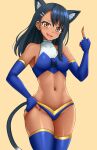  1girl :d animal_ears armpits bare_shoulders black_hair blue_gloves blue_legwear breasts cat_ears cat_girl cat_tail cleavage dark-skinned_female dark_skin ear_piercing elbow_gloves extra_ears fang fingerless_gloves gloves gold_trim hair_ornament hairclip hand_on_hip hand_up highres ijiranaide_nagatoro-san kazenokaze kemonomimi_mode long_hair looking_at_viewer medium_breasts middle_finger midriff nagatoro_hayase navel open_mouth piercing revealing_clothes simple_background skindentation smile solo standing stomach tail thighhighs thighs yellow_background 
