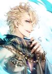  1boy adjusting_scarf ahoge aladdin_(sinoalice) bad_id bad_pixiv_id blue_eyes bracelet chain energy happy highres hoshizaki_reita japanese_clothes jewelry kimono looking_at_viewer male_focus messy_hair necklace open_mouth petals scarf short_hair signature sinoalice solo 