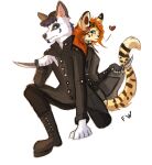  2021 5_fingers anthro canid canine clothed clothing digital_media_(artwork) duo felid feline female fingers flashw male mammal serval simple_background weapon white_background 