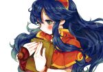  1girl bangs blush book bracelet capelet commentary_request dark_blue_hair fire_emblem fire_emblem:_the_binding_blade floating_hair gauntlets gold_trim green_eyes hair_between_eyes hands hands_up highres holding holding_book jewelry light_smile lilina_(fire_emblem) long_hair looking_down red_capelet red_headwear sakusankarmin simple_background sleeveless solo upper_body white_background 