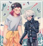  2boys ahoge android bangs beanie black_headwear blue_eyes blush braid cheer_(cheerkitty14) closed_eyes collarbone cowboy_shot danganronpa_(series) danganronpa_2:_goodbye_despair danganronpa_v3:_killing_harmony embarrassed english_commentary grey_hair grey_shirt grin hair_between_eyes hand_up hat heart highres holding_hands jumpsuit keebo looking_down male_focus medium_hair multiple_boys open_mouth outline pink_hair sharp_teeth shirt short_sleeves side_braid smile souda_kazuichi teeth upper_teeth white_outline wrench yaoi yellow_jumpsuit 