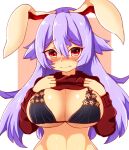  1girl animal_ears bangs blush bra breasts bunny_ears cleavage clothes_lift clothes_pull embarrassed eyebrows_visible_through_hair haruirokomici large_breasts lifted_by_self long_hair long_sleeves looking_at_viewer nervous nervous_smile pulled_by_self purple_hair red_eyes red_sweater reisen_udongein_inaba self_exposure shiny shiny_skin shirt_lift shirt_pull solo sweater sweater_lift touhou underwear undressing wavy_mouth 
