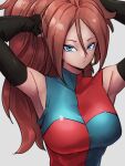  1girl android_21 armpits blue_eyes breasts checkered checkered_dress closed_mouth dragon_ball dragon_ball_fighterz dress earrings grey_background hair_between_eyes hoop_earrings jewelry kemachiku large_breasts long_hair looking_at_viewer ponytail red_hair simple_background solo upper_body 