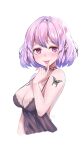  1girl artist_name bangs bare_shoulders black_camisole blush breasts camisole choker chukibabo2 covered_nipples finger_to_mouth gradient_hair hair_between_eyes highres lace-trimmed_camisole lace_trim large_breasts looking_at_viewer lucid_(maplestory) maplestory multicolored_hair nose_blush pink_eyes pink_hair pointy_ears revealing_clothes short_hair simple_background smile solo spaghetti_strap strap_gap tongue tongue_out white_background 