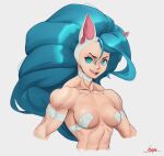  animal_humanoid athletic athletic_female blue_hair breasts bust_portrait capcom cat_humanoid darkstalkers felicia_(darkstalkers) felid felid_humanoid feline feline_humanoid female green_eyes hair hayabusaart humanoid long_hair mammal mammal_humanoid muscular muscular_female nipple_outline open_mouth portrait pupils slit_pupils smile solo tongue video_games 
