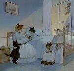  animal animal_focus apron bedroom black_cat black_shirt blanket blue_dress book cat chair closed_eyes clothed_animal crossed_arms dress frilled_shirt_collar frills highres holding holding_book indoors kitten knees_to_chest long_dress looking_at_another no_humans on_bed original picture_(object) pillow reading rt0no shirt sitting sitting_on_bed sleeping standing tabby_cat under_covers white_cat white_dress window wooden_floor 