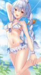  1girl animal_ear_fluff animal_ears arm_behind_head arm_up bangs bikini blue_bikini blue_bow blue_hair blue_sky blurry blurry_background blush bow braid breasts bunny-shaped_pupils bunny_ears carrot_hair_ornament cloud cloudy_sky commentary_request eyebrows_visible_through_hair feet_out_of_frame food_themed_hair_ornament frilled_bikini frills front-tie_bikini front-tie_top hair_ornament hand_on_leg highres hololive leg_up lens_flare long_hair medium_breasts multicolored_hair navel nibosi open_mouth orange_eyes rabbit_girl shiny shiny_hair shiny_skin short_eyebrows sidelocks sky solo standing standing_on_one_leg stomach swimsuit thick_eyebrows thighs twin_braids twintails two-tone_bikini two-tone_hair upper_teeth usada_pekora virtual_youtuber white_bikini white_hair 