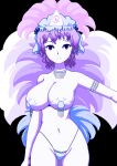  1girl alternate_costume armlet blue_bow blue_panties bow breasts dancer feather_hair_ornament feathers ghost gradient_hair hair_ornament hat medium_breasts mob_cap multicolored_hair nipple_tassels pale_skin panties pearl_(gemstone) pink_hair pixel_art purple_eyes purple_hair revealing_clothes rubzt saigyouji_yuyuko samba short_hair touhou triangular_headpiece underwear wavy_hair 