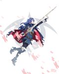  1girl absurdres armor artist_logo bangs belt blue_cape blue_dress blue_eyes blue_footwear blue_gloves blue_hair bodystocking boots breasts brown_belt bug butterfly cape chinese_commentary closed_mouth commentary_request dress english_commentary falchion_(fire_emblem) fingerless_gloves fire_emblem fire_emblem_awakening floating full_body gloves gold_trim highres holding holding_sword holding_weapon insect knee_boots leather_belt long_hair long_sleeves looking_to_the_side lucina_(fire_emblem) mixed-language_commentary outstretched_arm r3dfive shiny shiny_hair short_dress shoulder_armor sidelocks sleeve_cuffs solo swept_bangs sword tiara weapon white_background 