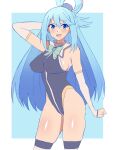  1girl adapted_costume aqua_(konosuba) arm_up arm_warmers armpit_crease blue_background blue_bow blue_eyes blue_leotard blue_neckwear blush bow bowtie breasts commentary covered_nipples cowboy_shot eyebrows_visible_through_hair hair_between_eyes hair_bobbles hair_ornament hair_rings highleg highleg_leotard highres kagemusha kono_subarashii_sekai_ni_shukufuku_wo! leotard light_blue_hair long_hair looking_at_viewer medium_breasts open_mouth shiny shiny_skin simple_background skindentation smile solo straight_hair thighhighs thighs 