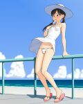  1girl arm_support bangs beach black_eyes black_hair blue_sky bow bow_panties cloud commentary_request crotch_seam day dress eating food food_in_mouth hair_tie halterneck hat holding holding_food horizon low_twintails maburu_(lojyq1eur3e8bit) ocean original outdoors panties pantyshot pink_footwear popsicle railing sandals short_dress sky solo spaghetti_strap standing string_panties sun_hat sundress twintails underwear white_dress white_headwear white_panties wind wind_lift 