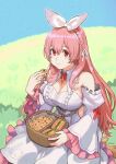  1girl atelier_live blue_sky braid breasts commentary_request commission cookie detached_sleeves dress eating eyebrows_visible_through_hair floral_print food frilled_dress frills hair_between_eyes hair_ribbon highres holding holding_cookie holding_food indie_virtual_youtuber jewelry jun_(seojh1029) long_hair looking_at_viewer neck_ribbon outdoors pendant picnic_basket pink_hair pinku red_ribbon ribbon ribbon-trimmed_sleeves ribbon_trim sandwich signature sitting skeb_commission sky solo sparkling_eyes virtual_youtuber white_dress white_ribbon 