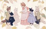  animal animal_focus apron arms_behind_back black_cat black_pants black_shirt bloomers blue_dress blue_eyes bow brown_cat cat clothed_animal dress floral_background flower frilled_apron frilled_dress frilled_shirt_collar frilled_skirt frills green_eyes green_jacket hand_to_own_mouth hat hat_removed headwear_removed jacket long_dress long_skirt long_sleeves looking_at_another no_humans original pants peter_pan_collar pink_bow pink_headwear pink_skirt rt0no shirt skirt standing tabby_cat underwear vest white_apron white_cat white_dress 