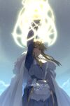  1girl arm_up armor armored_dress artoria_pendragon_(all) artoria_pendragon_(lancer)_(fate) blonde_hair blue_dress breastplate cape cis05 cloud commentary_request dress english_text eyebrows_visible_through_hair fate/grand_order fate_(series) floating_hair fur-trimmed_cape fur_trim gauntlets glowing glowing_weapon green_eyes hair_between_eyes hair_ornament holding holding_lance holding_polearm holding_spear holding_weapon knight lance light_particles long_hair long_sleeves looking_at_viewer outdoors parted_lips polearm rhongomyniad_(fate) sidelocks sky solo spear teeth twitter_username weapon white_cape 