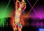  2021 anthro bodypaint breasts crowd dancing female female_focus genitals giraffe giraffid glowstick group hand_print mammal nipples nude portrait public public_nudity pussy raised_arms rave sabrotiger solo_focus standing three-quarter_portrait 