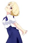  artoria_pendragon_(all) bangs bare_arms blonde_hair blue_bow blue_eyes blue_neckwear blue_ribbon blue_skirt blush bow bowtie collared_shirt cosplay darjeeling_(girls_und_panzer) eyebrows_visible_through_hair fate/stay_night fate_(series) girls_und_panzer hair_bun hair_ribbon head_back kayabakoro looking_at_viewer looking_to_the_side ribbon saber saber_(cosplay) shirt short_sleeves skirt smile stretch tied_hair white_background white_shirt 