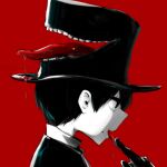  1boy avogado6 black_eyes black_gloves black_hair colored_skin commentary_request extra_mouth from_side gloves hand_up hat jitome male_focus monochrome original red_theme smile solo tongue tongue_out top_hat white_skin 