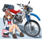  1girl ahoge bakuon!! bangs blue_eyes blue_sailor_collar blue_skirt bow bowtie brown_footwear brown_hair closed_mouth commentary_request eyebrows_visible_through_hair ground_vehicle hair_ornament headwear_removed helmet helmet_removed highres honda honda_xlr250_baja loafers logo looking_at_viewer loose_socks mikeran_(mikelan) miniskirt motor_vehicle motorcycle partial_commentary pleated_skirt red_neckwear sailor_collar sakura_hane school_uniform serafuku shadow shoes short_hair single_horizontal_stripe sitting skirt smile solo white_headwear white_legwear wing_hair_ornament 