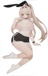  1girl absurdres animal_ears bangs black_shorts blonde_hair breasts double_bun eyebrows_visible_through_hair fake_animal_ears hand_up heart heart-shaped_pupils highres large_breasts long_hair mole mole_under_eye original ponytail rabbit_(wlsdnjs950) see-through_shirt shadow shorts simple_background socks solo symbol-shaped_pupils very_long_hair white_background white_legwear 