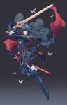  1girl armor belt blue_cape blue_eyes blue_hair bodysuit boots bug butterfly cape english_commentary faithom falchion_(fire_emblem) fingerless_gloves fire_emblem fire_emblem_awakening full_body gloves highres insect lucina_(fire_emblem) red_cape revision ribbed_bodysuit sheath short_hair shoulder_armor sword thigh_boots thighhighs watermark weapon 