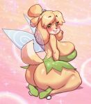  animal_crossing anthro big_breasts blonde_hair blush breasts canid canine canis clothed clothing cosplay crossover crossover_cosplay disney domestic_dog fairy female hair hi_res isabelle_(animal_crossing) kneeling mammal nintendo no_underwear norodoggo shih_tzu solo thick_thighs tinkerbell toy_dog video_games yellow_body 