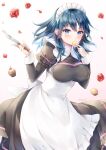 1girl alternate_costume apron artist_name ayame_(norie11) blue_eyes blue_hair breasts byleth_(fire_emblem) byleth_(fire_emblem)_(female) commentary_request cream_puff cupcake enmaided fire_emblem fire_emblem:_three_houses flower food highres holding holding_knife kitchen_knife knife large_breasts maid maid_apron maid_headdress medium_hair petals rose rose_petals signature solo white_apron 