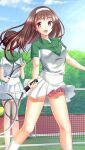  2girls :d ass_visible_through_thighs ball bangs breasts brown_hair collared_shirt doukyuusei_another_world eyebrows_visible_through_hair floating_hair frilled_panties frills game_cg green_shirt hairband kakyuusei long_hair medium_breasts miniskirt multiple_girls official_art open_mouth panties pink_panties pleated_skirt racket red_eyes shiny shiny_hair shirt short_sleeves skirt skirt_lift smile solo_focus sportswear tennis_ball tennis_court tennis_net tennis_racket tennis_uniform two-tone_shirt underwear very_long_hair white_hairband white_shirt white_skirt wing_collar yuuki_mizuho 