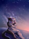  2021 anthro areola breasts canid canine canis detailed_background digital_media_(artwork) domestic_dog dragon female hair horn mammal night nipples nude outside sky smile star starry_sky vashaa wingless_dragon 