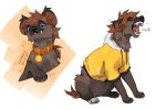  2021 ambiguous_gender blue_eyes brown_hair clothing collar digital_media_(artwork) feral hair hi_res hoodie hyaenid mammal open_mouth paws reysi signature simple_background solo spotted_hyena teeth tongue topwear white_background 