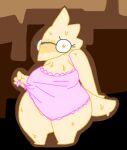  alphys anthro bodily_fluids breasts clothed clothing clothing_lift eyewear female front_view full-length_portrait glasses looking_at_viewer nervous nightgown nipple_outline non-mammal_breasts non-mammal_nipples orange_eyes overweight overweight_anthro overweight_female pink_clothing portrait reptile scales scalie short_stack solo standing sweat sweaty_face sweaty_legs sweaty_thighs the_weaver thick_tail thick_thighs three-quarter_view undertale video_games wide_eyed wide_hips yellow_body yellow_scales 