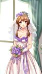  1girl :d bangs bouquet breasts bridal_veil brown_hair cleavage collarbone doukyuusei_another_world dress eyebrows_visible_through_hair flower game_cg gloves hair_between_eyes hair_flower hair_ornament holding holding_bouquet indoors kakyuusei long_dress looking_at_viewer medium_breasts minamizato_ai official_art open_mouth purple_flower purple_rose red_eyes rose shiny shiny_hair shiny_skin short_hair_with_long_locks sidelocks sleeveless sleeveless_dress smile solo standing veil wedding_dress white_dress white_gloves 