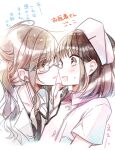  2girls bangs blush brown_eyes brown_hair cosplay couple doctor eyebrows_visible_through_hair eyes_visible_through_hair from_side futaribeya glasses hat kawawa_sakurako labcoat leaning_back leaning_forward leaning_on_person light_brown_hair long_hair looking_at_another multiple_girls nurse nurse_cap red_eyes short_hair short_sleeves sidelocks simple_background stethoscope surprised sweatdrop translation_request upper_body wavy_hair white_background yamabuki_kasumi yellow_eyes yukiko_(tesseract) 