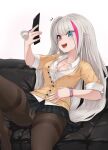  1girl absurdres bangs black_legwear blue_eyes breasts cellphone cleavage collared_shirt eyebrows_visible_through_hair flip_phone girls_frontline grey_hair heterochromia highres holding holding_phone large_breasts long_hair mdr_(girls_frontline) multicolored_hair narrr open_mouth panties pantyhose phone pink_hair pleated_skirt red_eyes school_uniform shirt short_sleeves side_ponytail skirt solo streaked_hair underwear white_shirt 