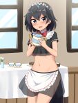  1girl :d absurdres alternate_costume apron bangs black_eyes black_hair black_skirt blush bow bowtie cake cake_slice commentary cowboy_shot crop_top cup eyebrows_visible_through_hair flower food greater_lophorina_(kemono_friends) groin hair_between_eyes head_wings highres holding holding_teapot indoors kemono_friends looking_at_viewer maid_headdress midriff navel open_mouth red_bow red_neckwear see-through shiraha_maru short_hair skirt smile solo table tablecloth tail teapot waist_apron window 