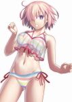  1girl bangs bare_shoulders bikini breasts cleavage collarbone fate/grand_order fate_(series) hair_over_one_eye large_breasts light_purple_hair looking_at_viewer mash_kyrielight mishiro_(ixtlolton) multicolored multicolored_bikini multicolored_clothes navel open_mouth purple_eyes rainbow_bikini sheer_clothes short_hair simple_background striped striped_bikini swimsuit swimsuit_of_perpetual_summer_ver.02 thighs white_background 