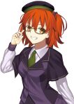  1girl ahoge atlas_academy_uniform bangs beret breasts fate/grand_order fate_(series) fujimaru_ritsuka_(female) glasses green-framed_eyewear green_neckwear grin hat highres looking_at_viewer medium_breasts mishiro_(ixtlolton) necktie one_side_up orange_eyes orange_hair purple_capelet purple_headwear purple_vest short_hair smile vest 