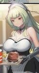  1girl apron bangs bare_shoulders breasts burger cup detached_collar disposable_cup dress eyebrows_visible_through_hair food green_eyes green_hair highres holding holding_tray large_breasts long_hair maid maid_headdress mechanical_arms ookami_ryousuke original sidelocks single_mechanical_arm strapless strapless_dress tray waist_apron 